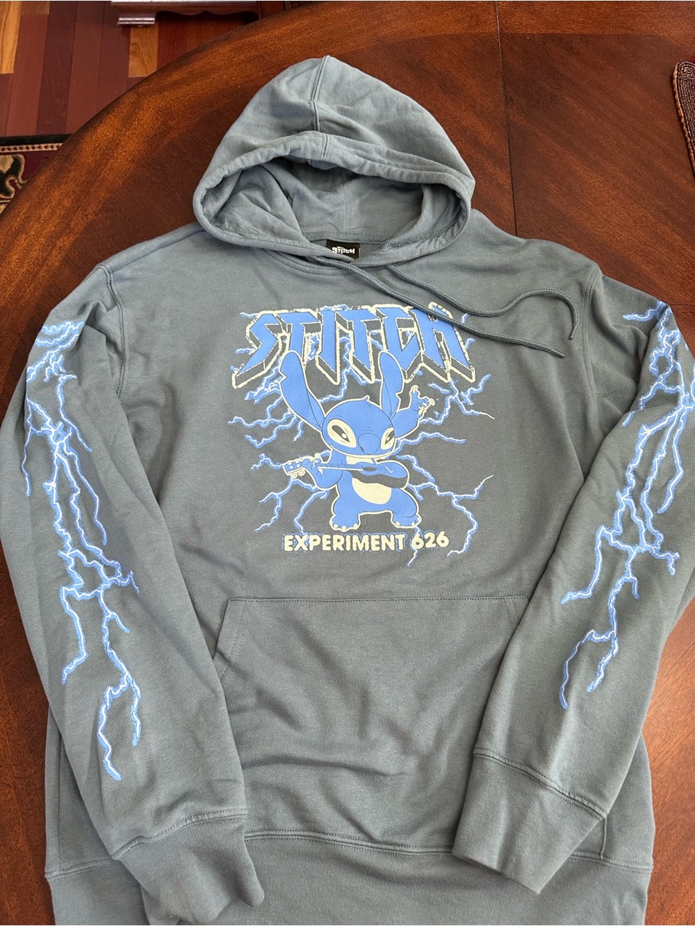 Disney Stitch 626 Guitar Lightning Bolts Blue Hooded Sweatshirt NWOT Adult Small